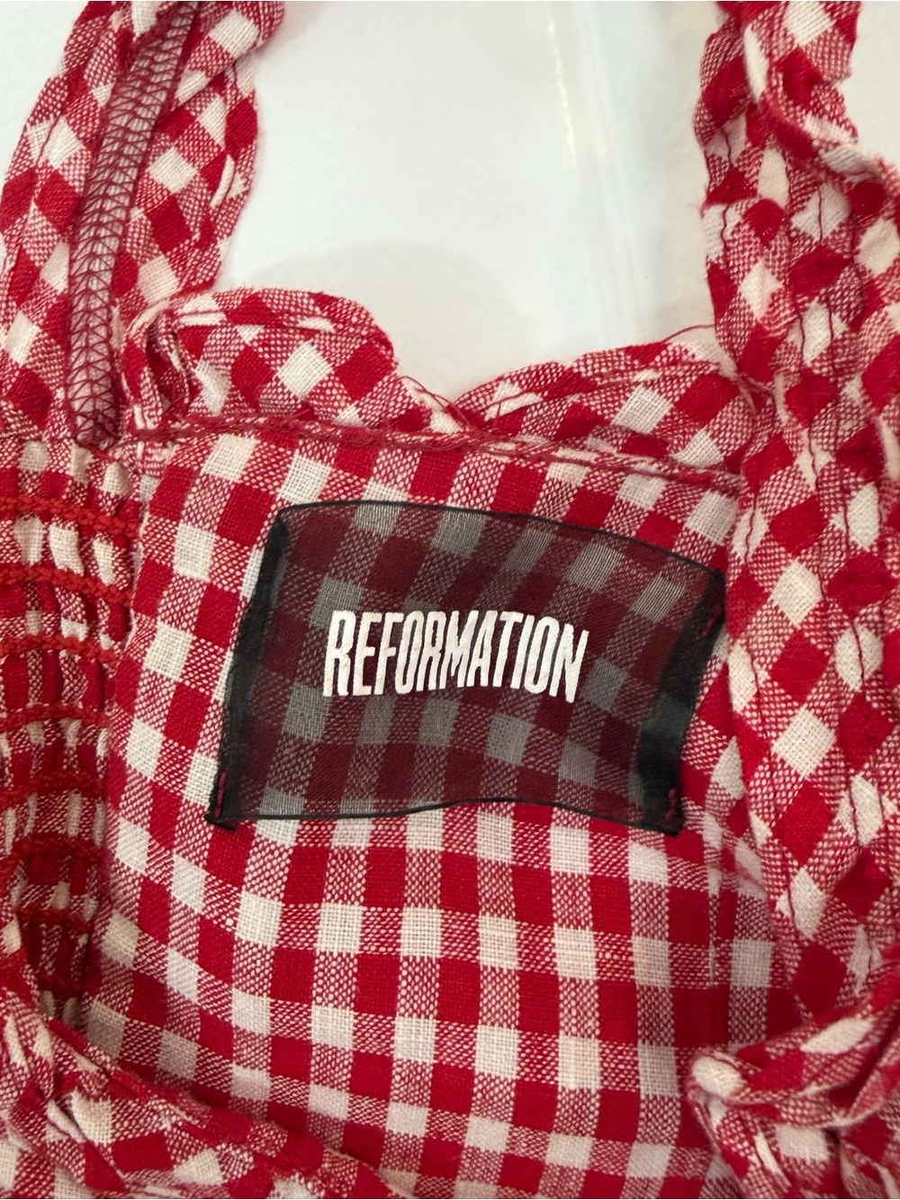 Reformation Red Linen Gingham Smocked-Strap Midi Dress - Women - Picture 3 of 4